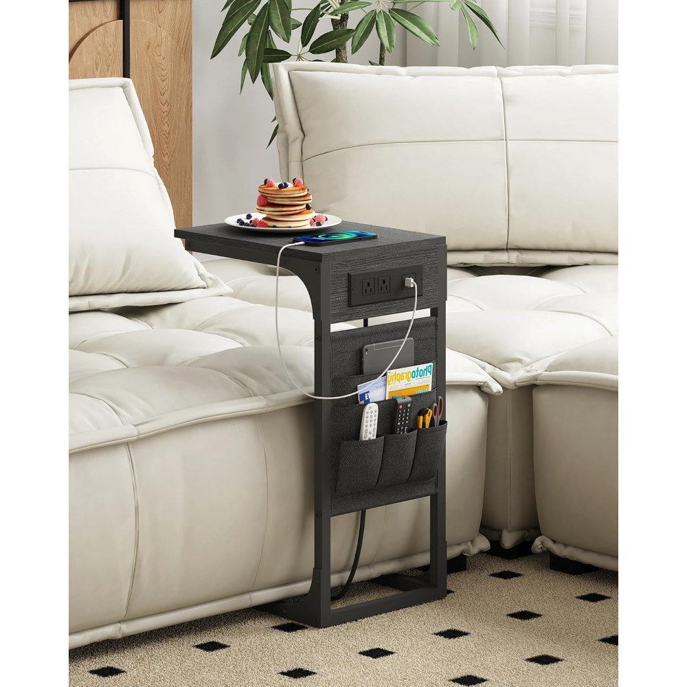 C Shaped End Table, with Charging Station, Black, view 2
