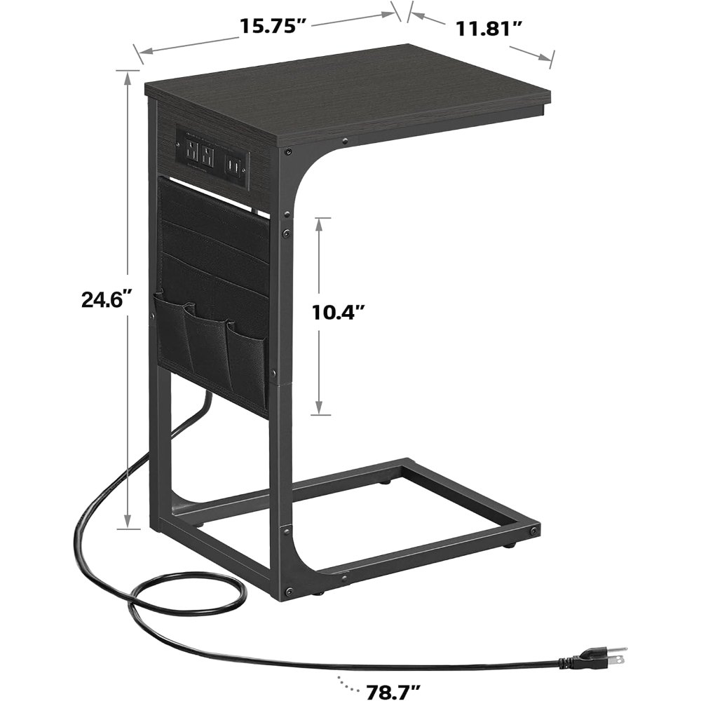 C Shaped End Table, with Charging Station, Black, view 3