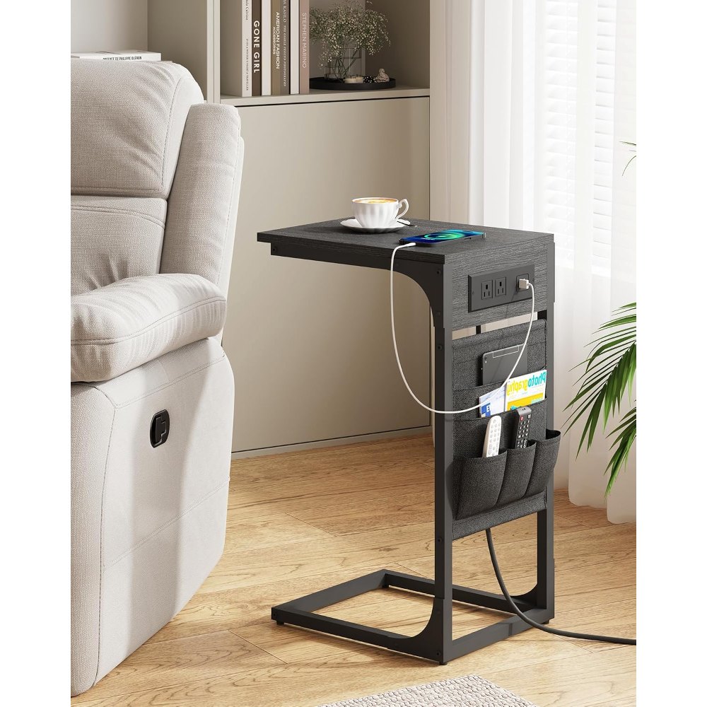 C Shaped End Table, with Charging Station, Black, view 4