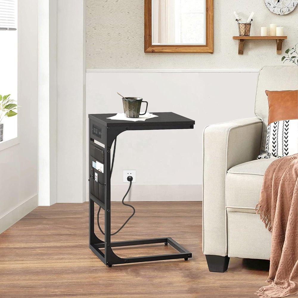 C Shaped End Table, with Charging Station, Black, view 5
