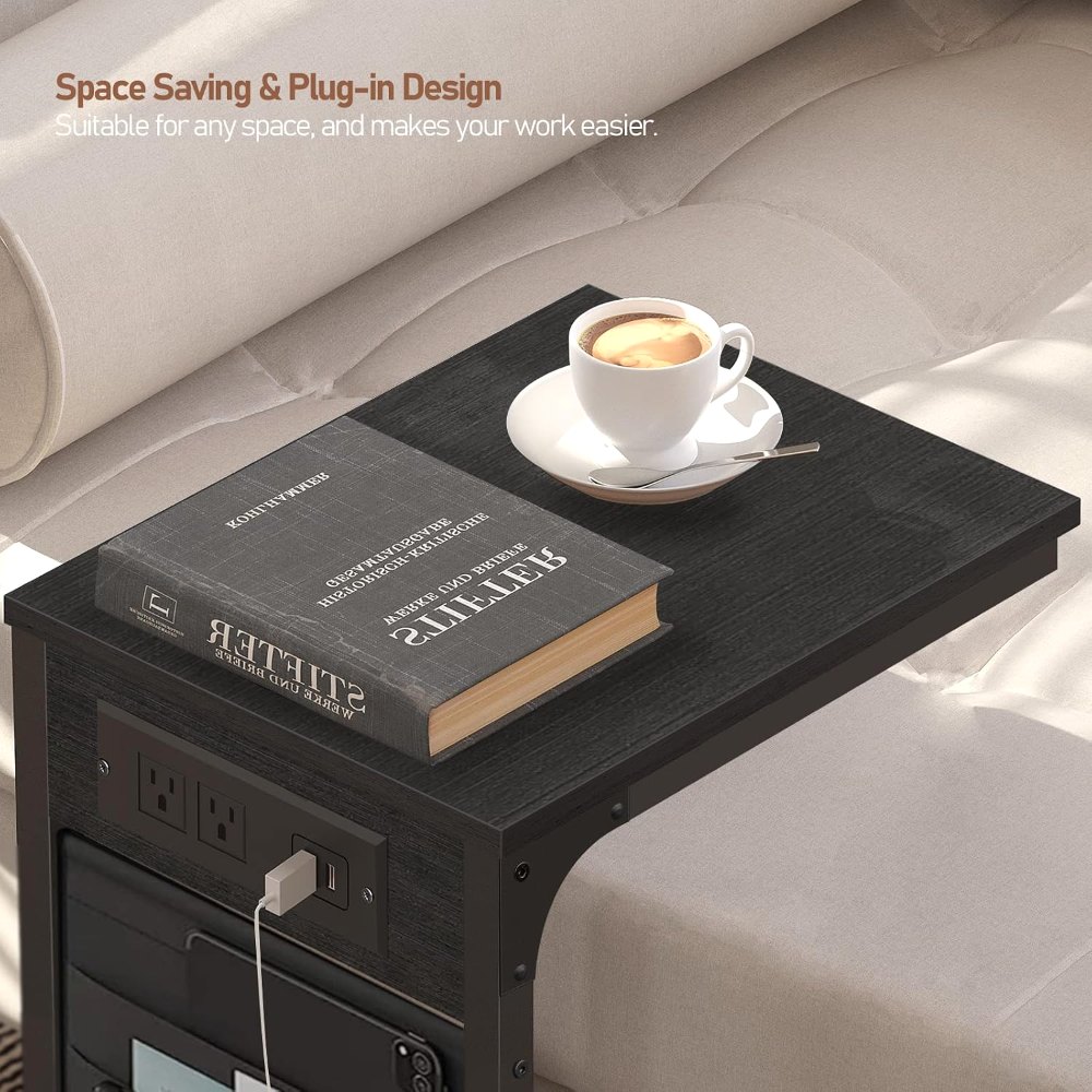 C Shaped End Table, with Charging Station, Black, view 6