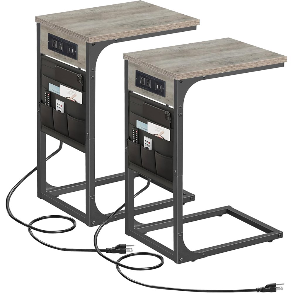 C Shaped End Table, with Charging Station, Black, detail 8
