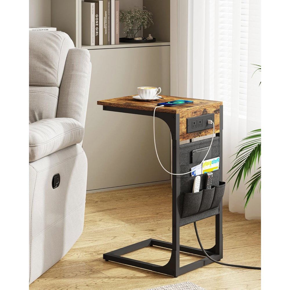 C Shaped End Table, with Charging Station, Brown, view 7