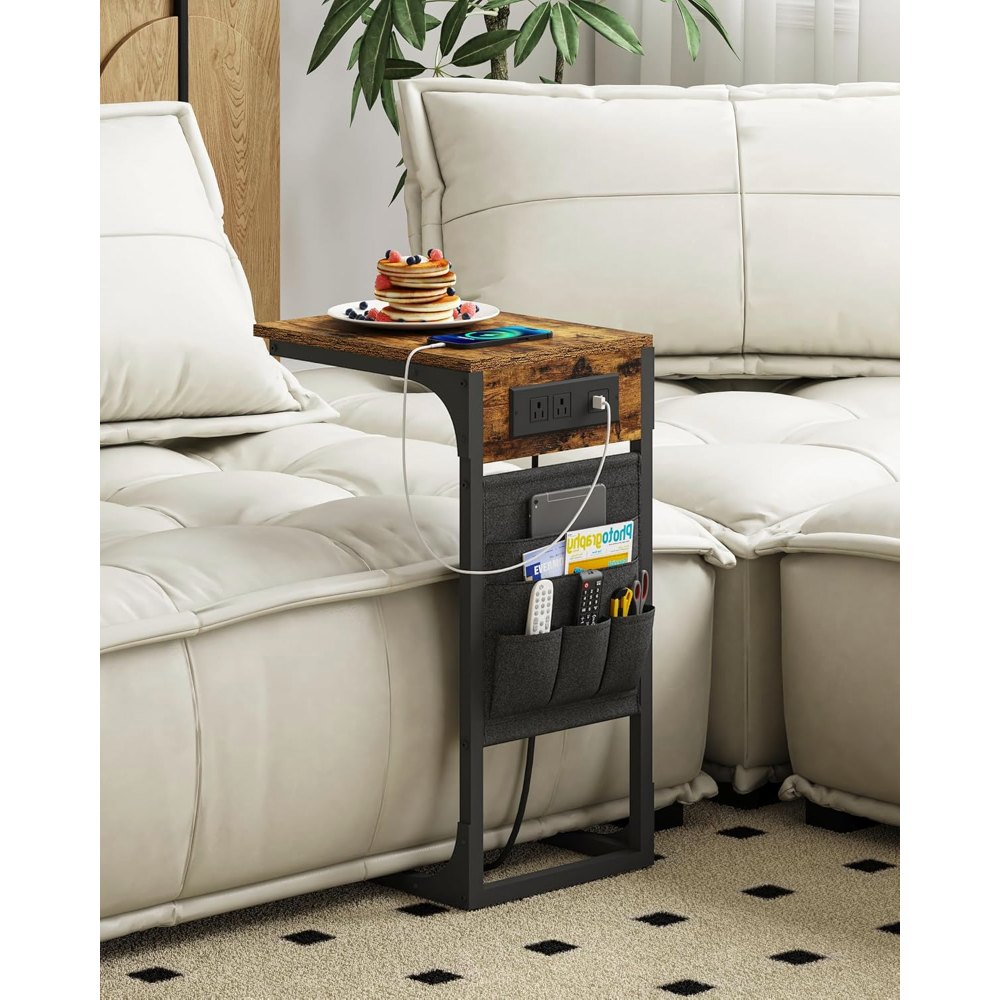 C Shaped End Table, with Charging Station, Brown, detail 8
