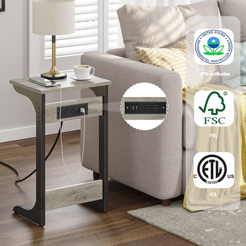 C Shaped End Table, with Charging Station, Greige, view 4