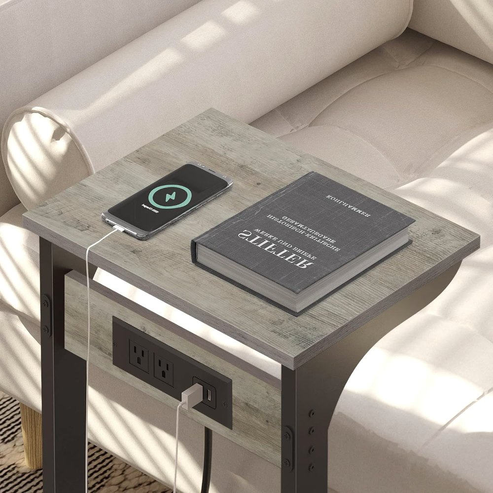 C Shaped End Table, with Charging Station, Greige, view 5