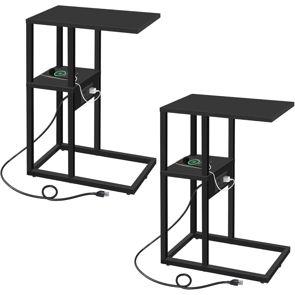 C Shaped End Table, with Charging Station, Greige, detail 8
