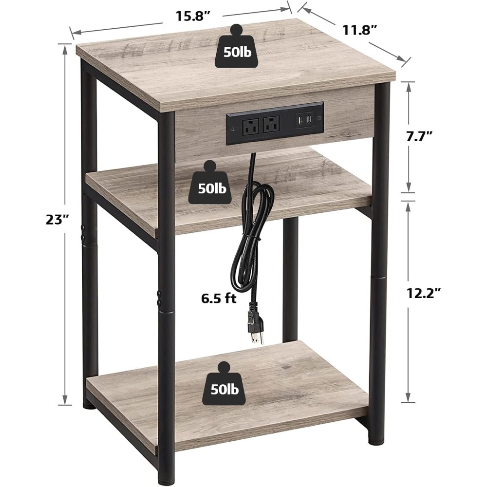 End Table, with Charging Station, Greige, view 2