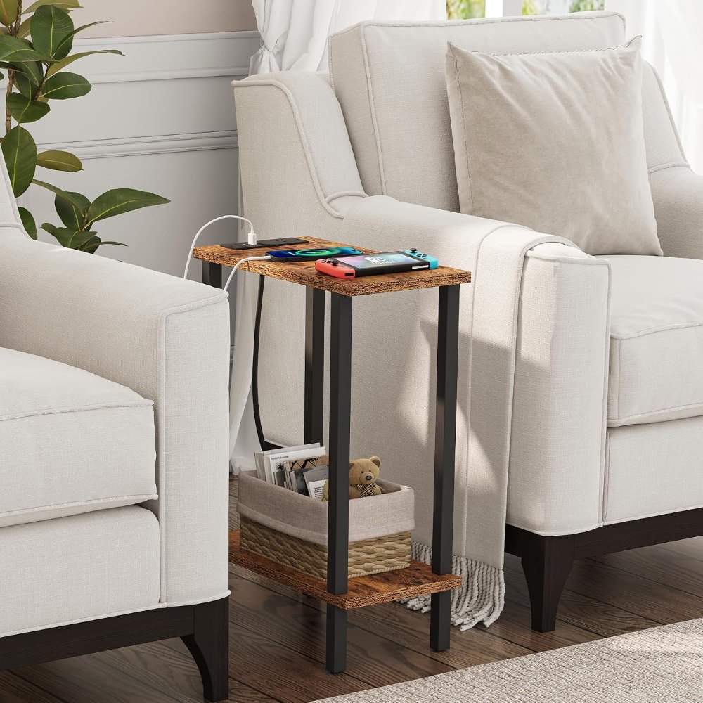 Narrow Side Table, with Charging Station, Brown, view 6
