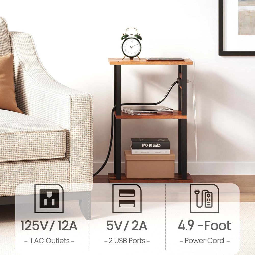 Small Narrow Side Table, with Charging Station, Brown, view 6