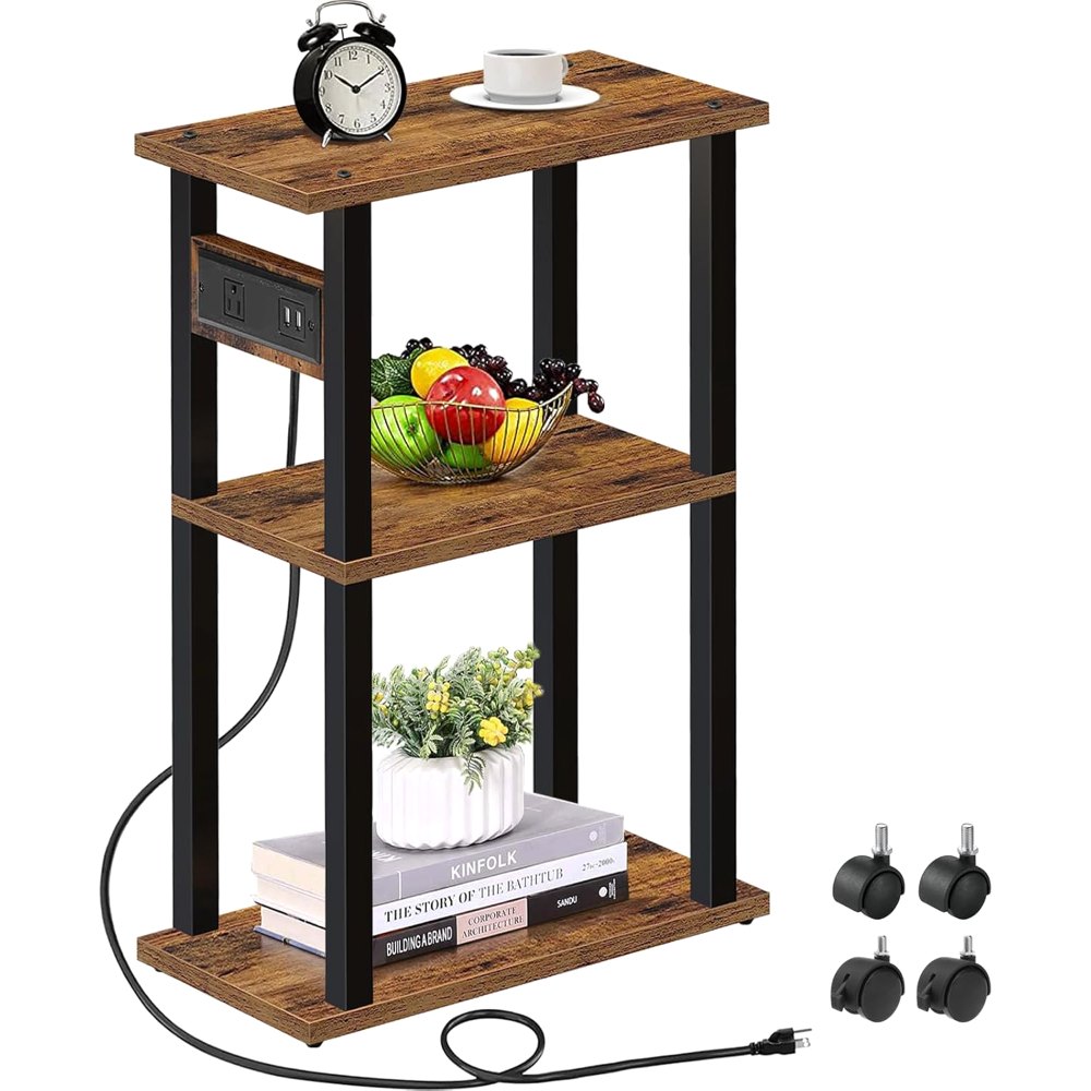 Small Narrow Side Table, with Charging Station, Brown