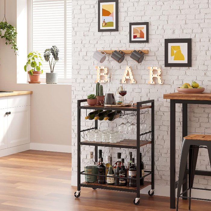 Bar Cart, with Wine Rack, Brown